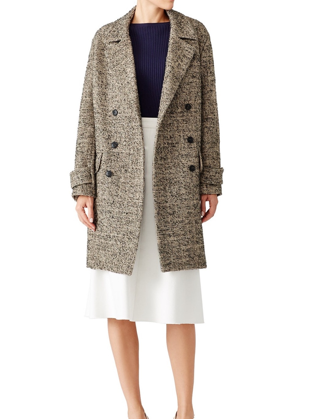 Halston Heritage Textured Double-Breasted Pea‎ Coat in Oatmeal Tweed